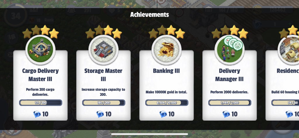 The Sun City Builder achievements menu displaying various goals like Cargo Delivery and Storage Master with progress bars and diamond rewards.