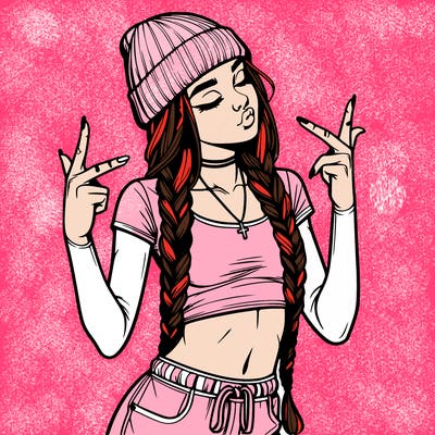 realistic teenage girl with braids and a beanie and crop top doing 🫶🏼