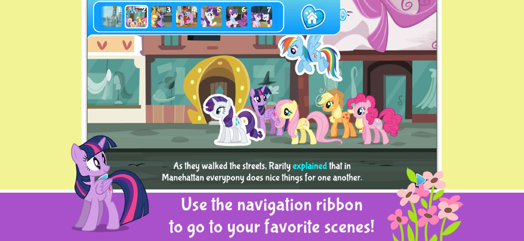 My Little Pony: Rarity Chic - Digital storybook screen showing My Little Pony characters and a scene navigation ribbon