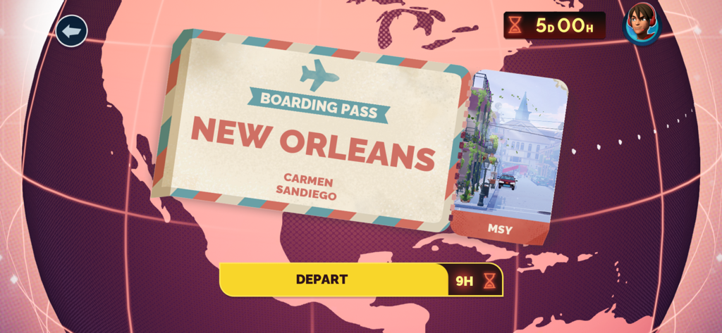 A virtual boarding pass for Carmen Sandiego to New Orleans on a world map background in the mobile game.