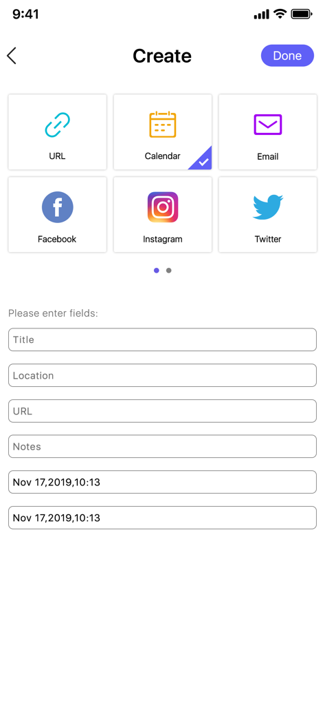 Barcode Scanner QR Code Reader - Interface of the app showing options to generate custom QR codes for social media profiles and calendar events