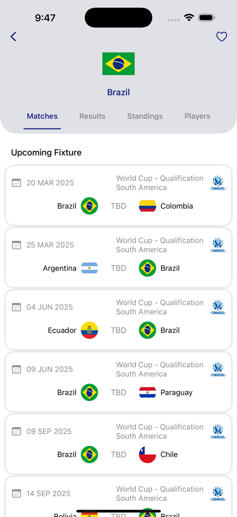 TotalSportek - Live Football - Upcoming Brazil World Cup qualification matches shown in the TotalSportek app