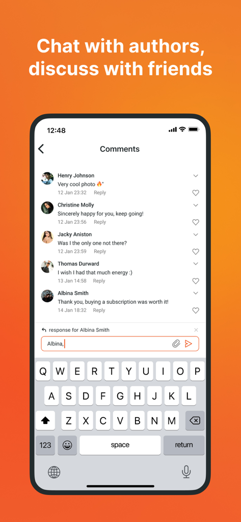 Boosty: Content just for fans - Interfaz de la aplicación móvil Boosty mostrando una lista de comentarios de usuarios y un campo de entrada de chat para interactuar con los creadores