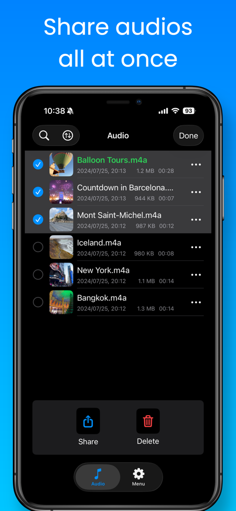 Video to MP3 & Vocal Remover - Interface showing multiple selected audio files for batch sharing in the video to mp3 app