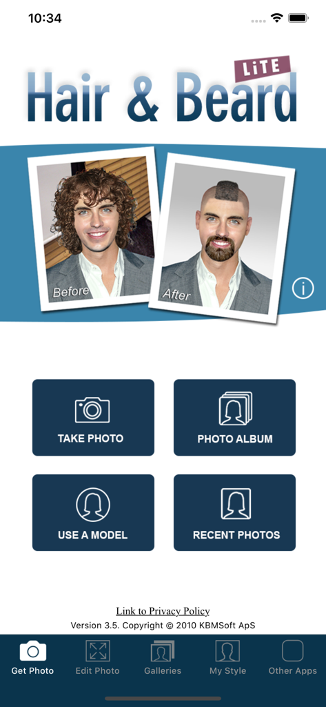 Home screen of the Hair and Beard Styles app featuring before and after photo examples and options to upload or take a picture