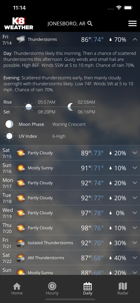 The daily forecast screen of the KAIT Region 8 Weather app for Jonesboro Arkansas