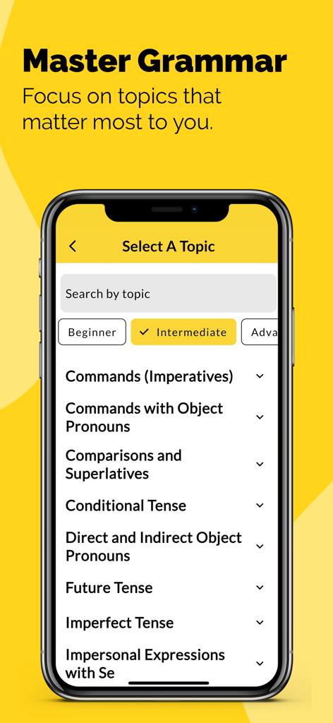 Amigo Lingo: Speak Spanish - Pantalla de la aplicación móvil que muestra una lista de temas de gramática española para estudiantes de nivel intermedio.