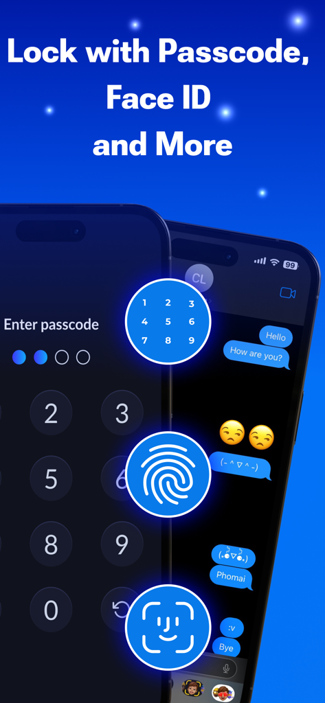 AppLock - Lock & Guard Private - Smartphone screen displaying security options for AppLock including passcode Face ID and fingerprint to protect private chats