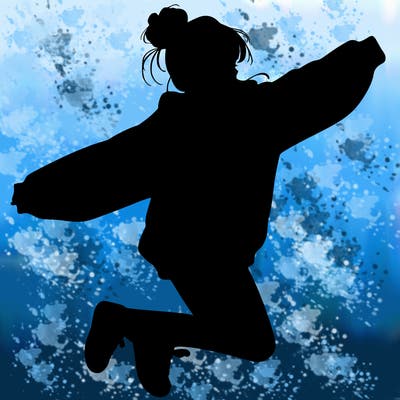 realistic girl jumping with a bun and oversized sweatshirt