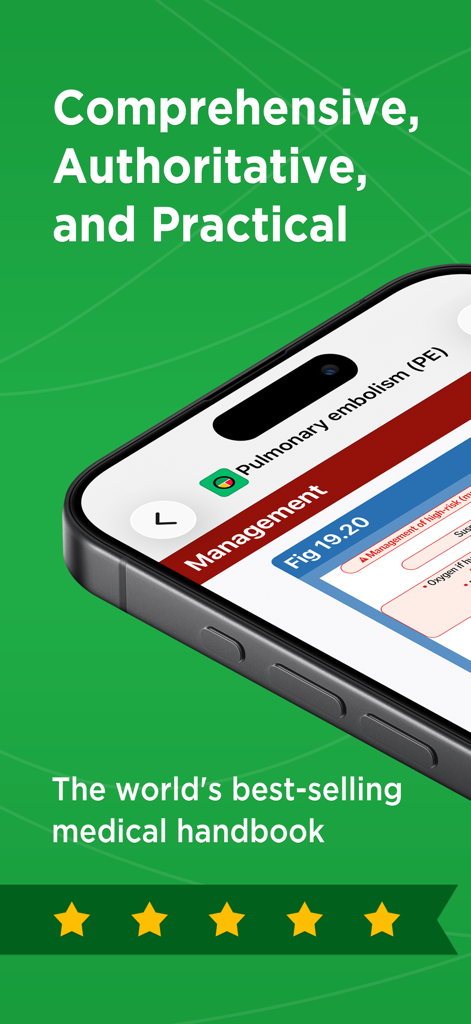 Oxford Handbook Clinical Med - 폐색전증 관리 단계를 보여주는 스마트폰의 옥스퍼드 임상 의학 핸드북 앱 인터페이스
