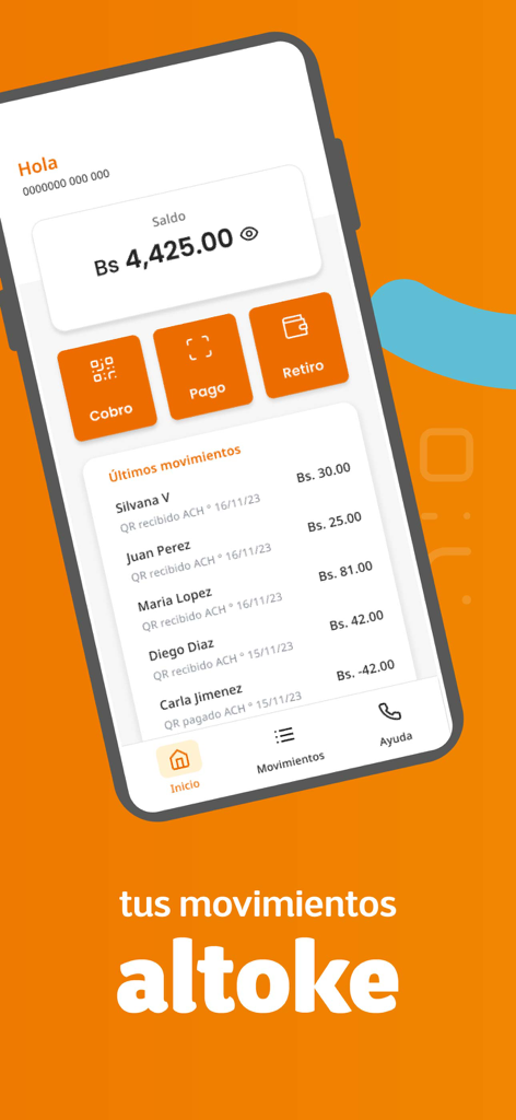 Altoke BancoSol - Altoke BancoSol app home screen showing account balance and transaction history in Bolivianos.