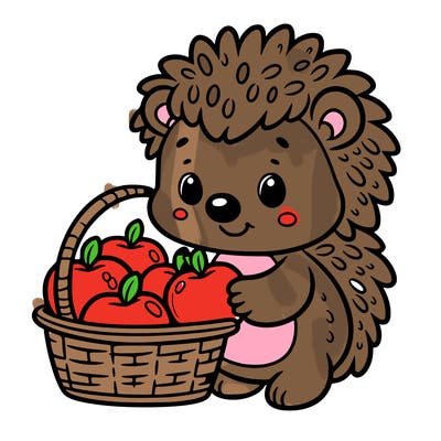 little cartoon hedgehog collecting apples in a basket