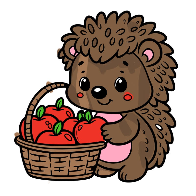 little cartoon hedgehog collecting apples in a basket