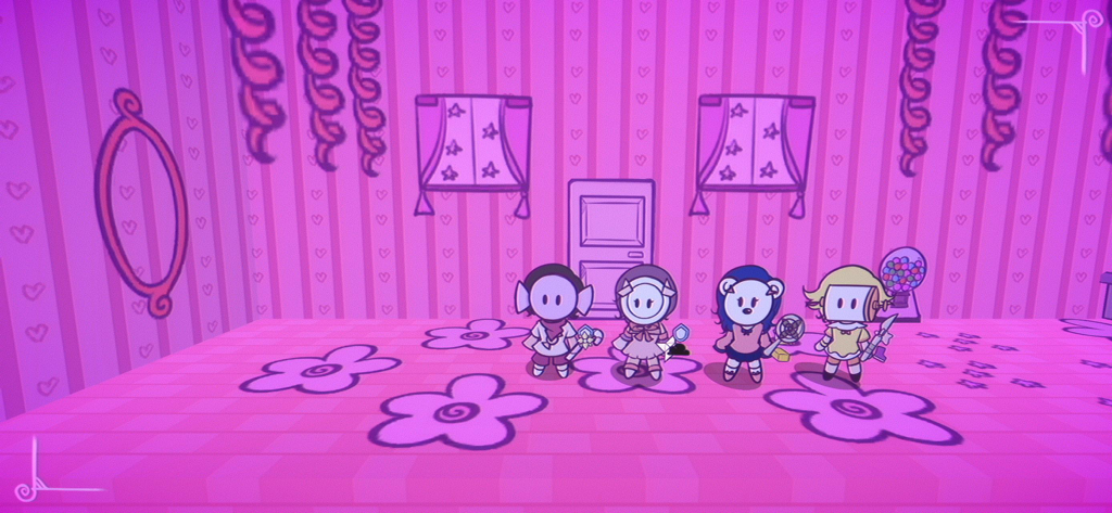 Sundy Stairway - Cuatro personajes de dibujos animados de pie en una habitación rosa estilizada con papel tapiz de corazones y motivos florales