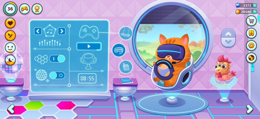 Bubbu 2 - My Pet Kingdom - 버블라는 고양이가 화성의 미래형 우주선에서 VR 헤드셋을 쓰고 있습니다