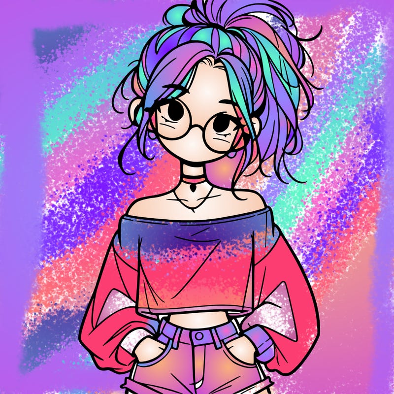 girl with a messy ponytail glasses a baggy crop top and jean shorts