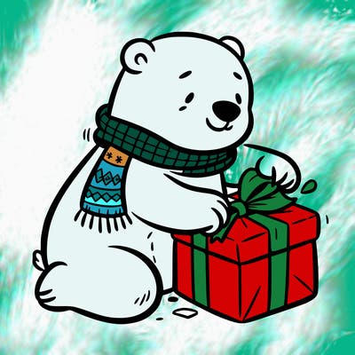 polar bear wrapping a present