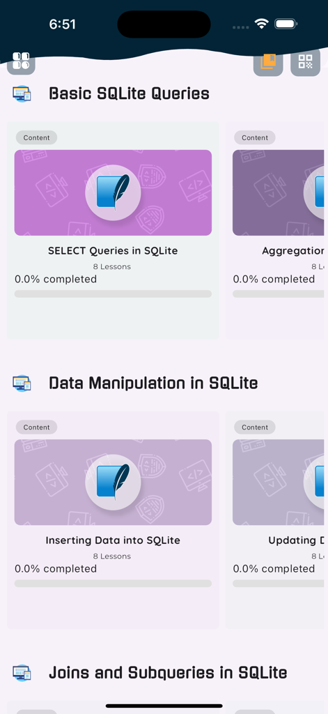 Learn SQLite Database - Learn SQLite Database app screen showing various course modules for queries and data manipulation