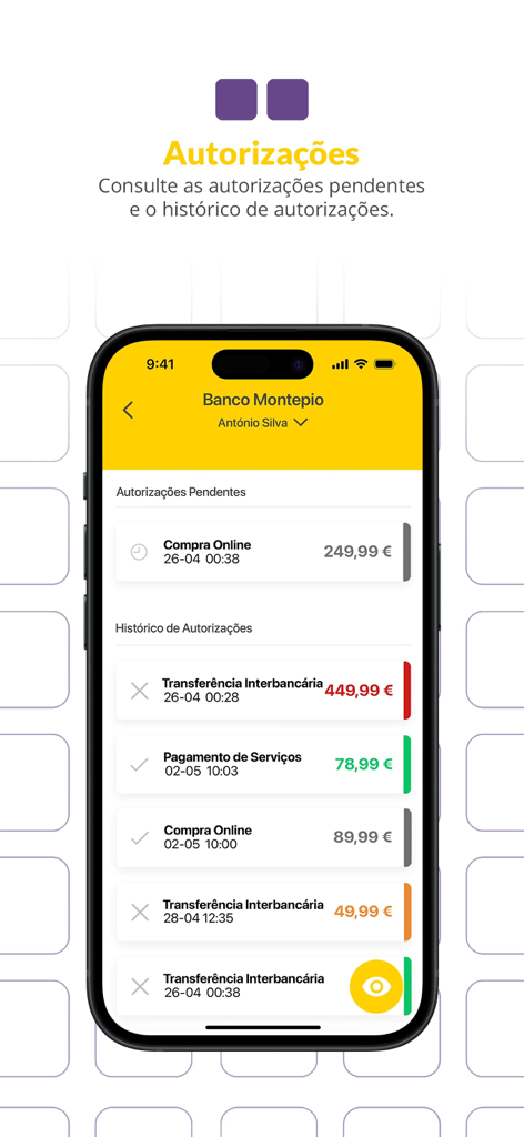 APProva | Banco Montepio - Mobile screen of the APProva app showing a list of pending and past transaction authorizations for Banco Montepio.