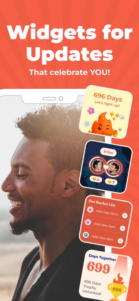 Flamme: Cozy Couples App - A screenshot showing colorful relationship widgets for couples including a day counter, bucket list, and distance tracker.