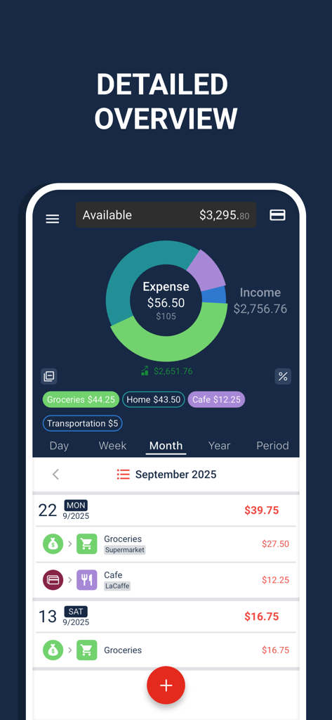 A mobile interface showing a colorful donut chart of monthly expenses and a list of recent transactions.