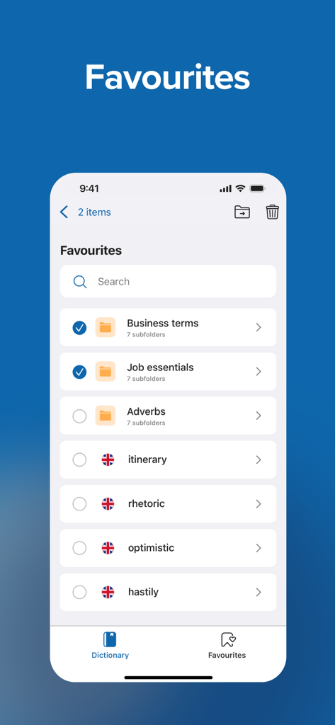 Oxford Dictionary & Thesaurus - Screenshot of the Favourites section in the Oxford Dictionary app showing organized word folders and saved terms.