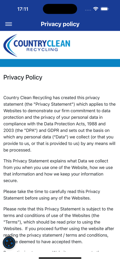 Country Clean Customer App - Country Clean Recycling app privacy policy screen