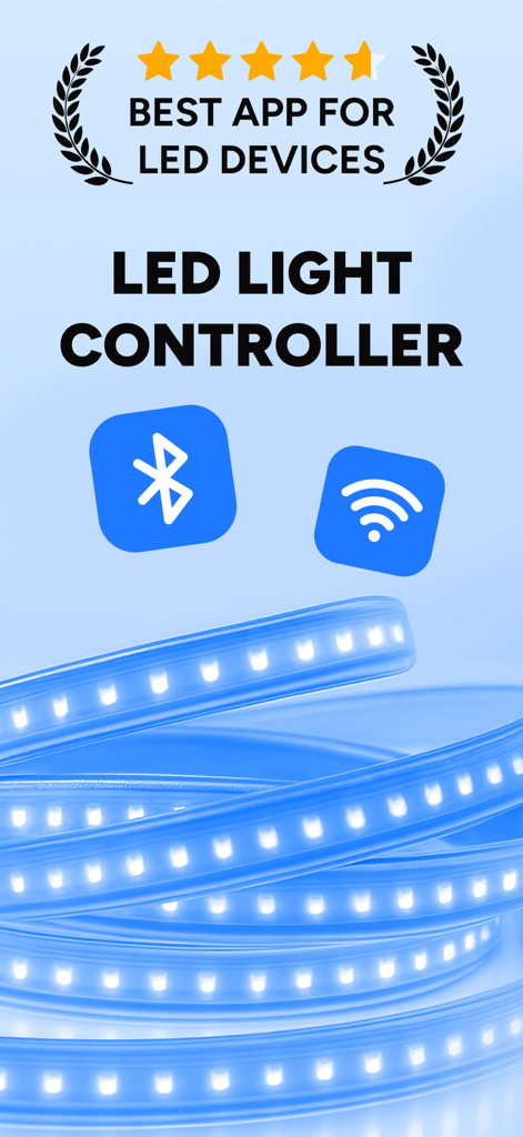 Led Light Remote Controller + - Promoción de la app Led Light Remote Controller con iconos de conectividad Bluetooth y Wi-Fi sobre tiras de luz LED azules.