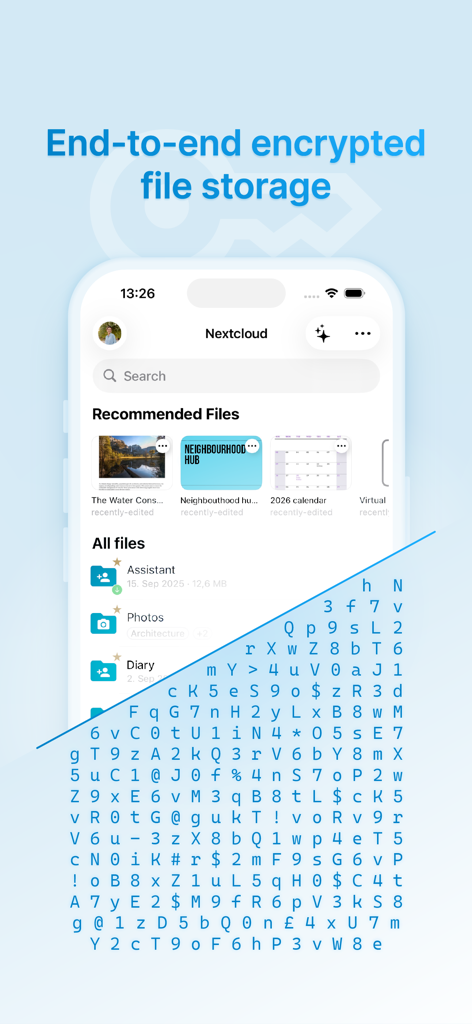 종단간 암호화된 파일 저장소와 안전한 파일 관리를 보여주는 Nextcloud 앱 인터페이스