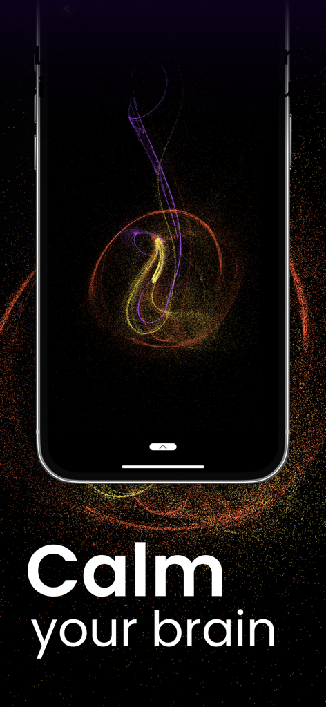 Un teléfono inteligente que muestra remolinos de partículas coloridas en una pantalla negra con el texto Calma tu cerebro.