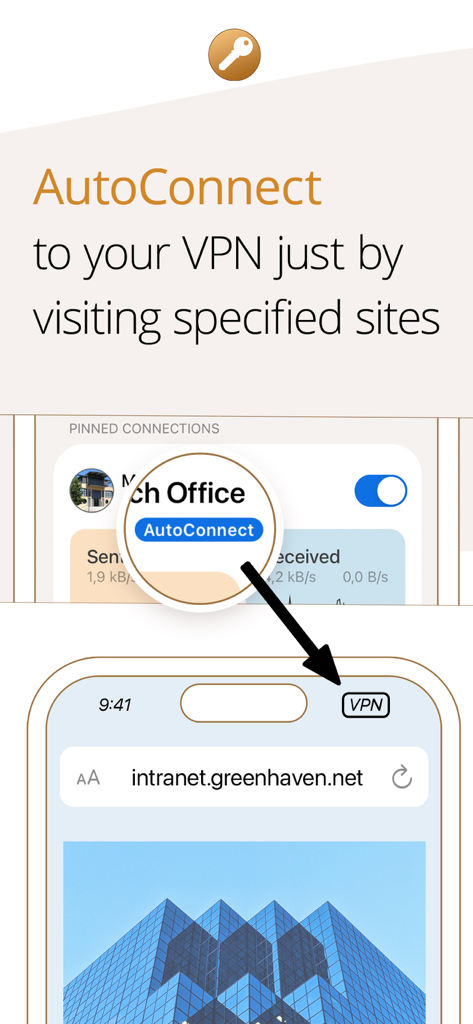 VPN Tracker app showing AutoConnect feature triggering a VPN connection for a work intranet site