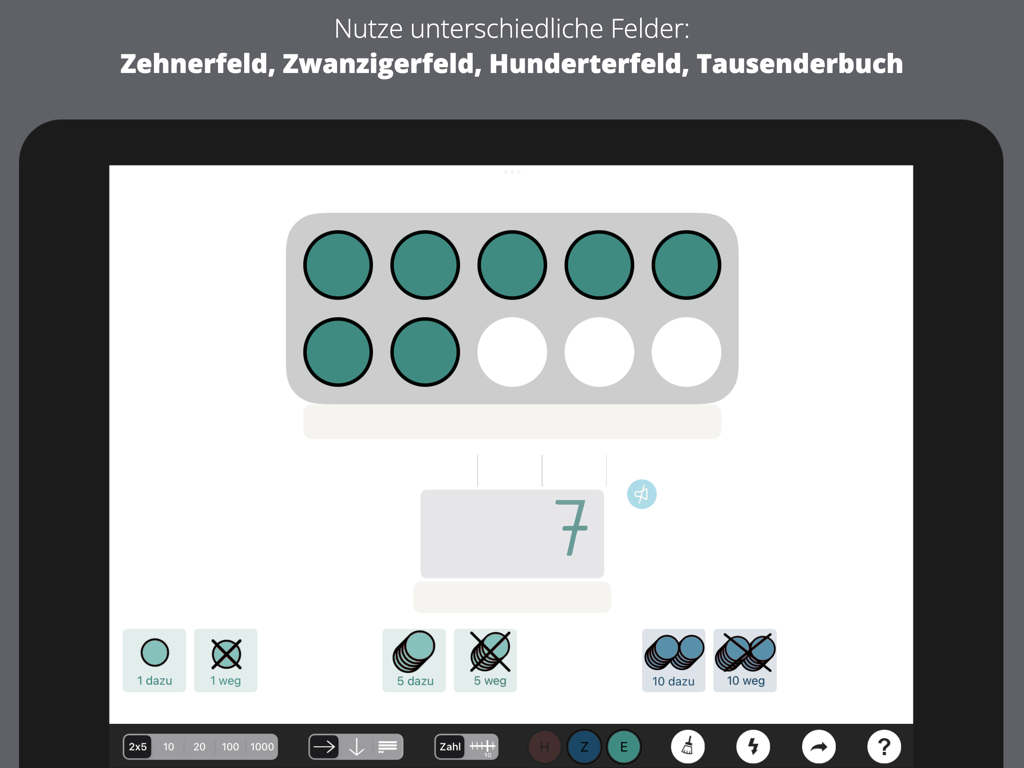 Zahlenfeld - Digital ten frame showing seven green circles in a math learning app interface