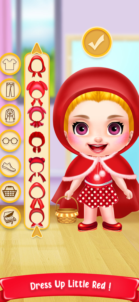 Little Red Ridding Hood Game - Dress up screen of Little Red Riding Hood game featuring character customization with various red hoods and outfits