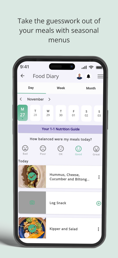 JEFF Fitness - The JEFF Fitness app food diary screen showing daily meal logs and a nutritional balance rating system.