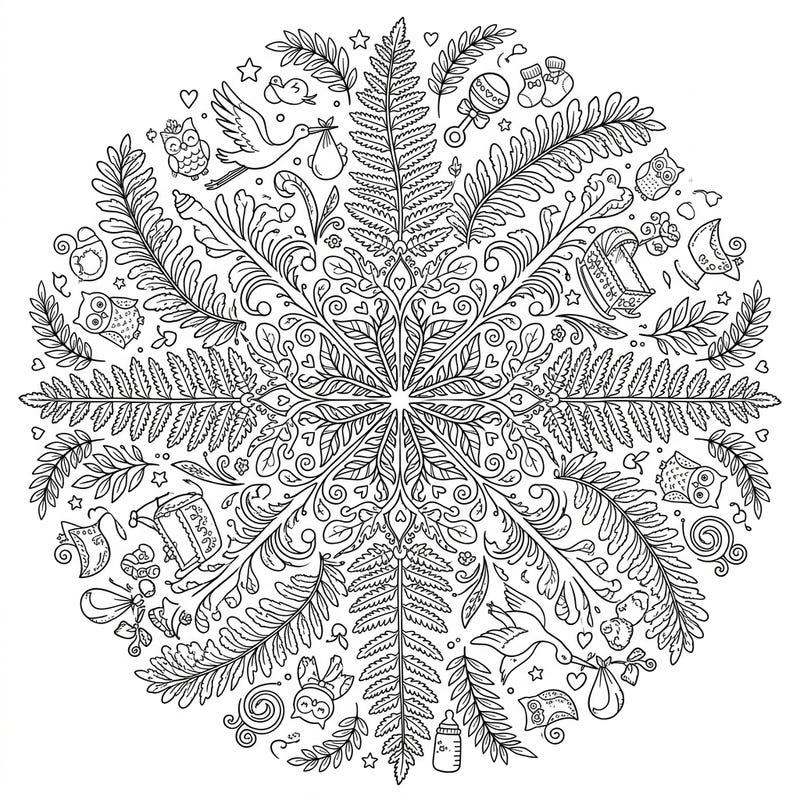 Celebrate the joy of new life with this unique fern mandala, beautifully adorned with charming baby shower elements. Discover a soothing design featuring storks, cradles, and delicate foliage, perfect for a heartwarming coloring session.