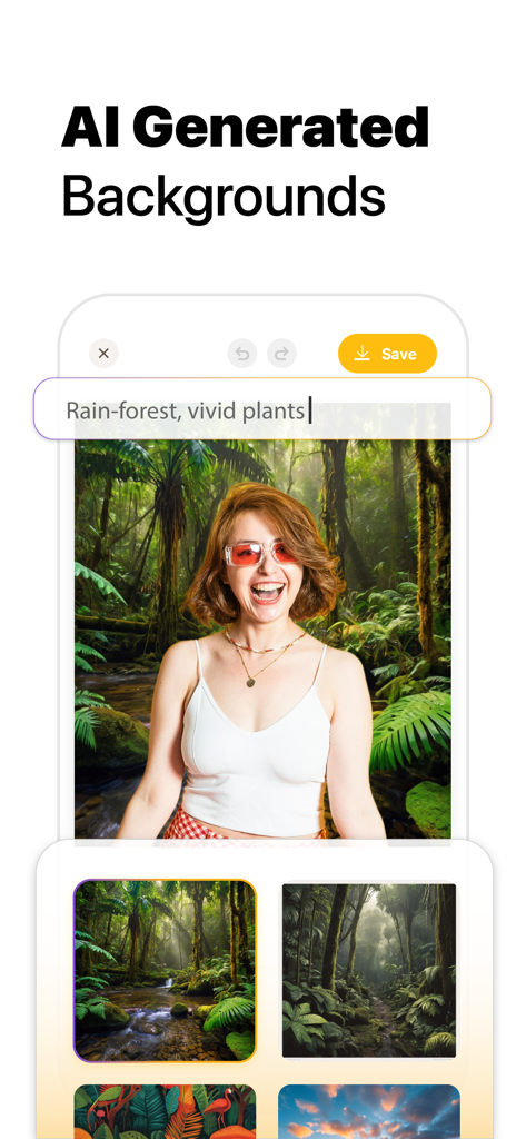 Background Remover: BG Eraser - A woman smiling in front of an AI generated rainforest background in the Erasee app.