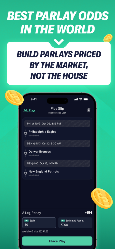 ProphetX Prediction Market - ProphetX app interface showing a sports parlay play slip with market-priced odds and estimated payout