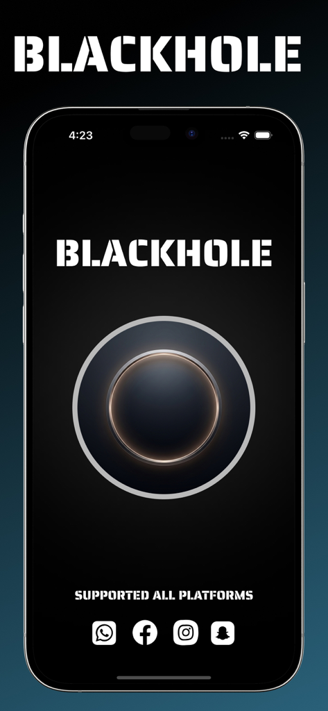 Blackhole Spliter, Video Saver - Blackhole video splitter home screen with a large orb button and icons for supported social media platforms
