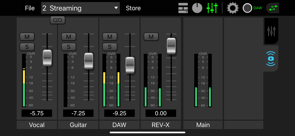 dspMixFx UR-C - Digital mixer interface of the dspMixFx UR-C app showing volume faders and levels for vocal guitar and reverb