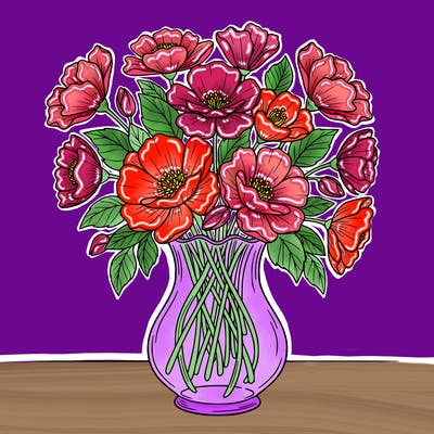 large beautiful flowers filling a lovely glass vase realistic