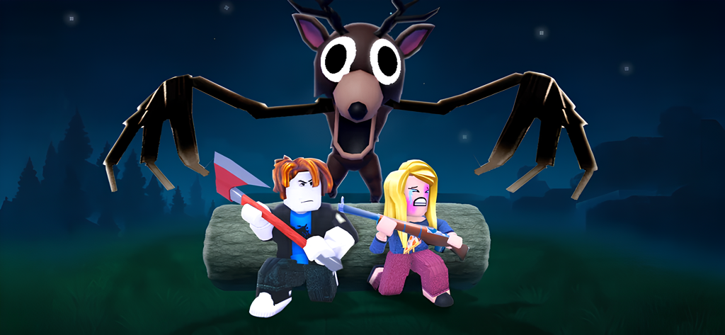 Personajes de Roblox con armas enfrentando a una criatura aterradora del bosque por la noche