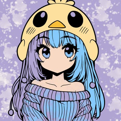 anime girl with chick shaped hat with sweater with bare shoulders with bangs covering them one eye with low tail