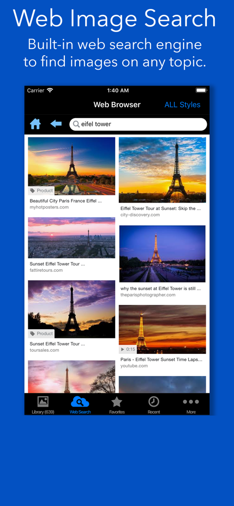 CLIPish Pro - Animations Emoji - Web image search results for Eiffel Tower in the CLIPish Pro app.