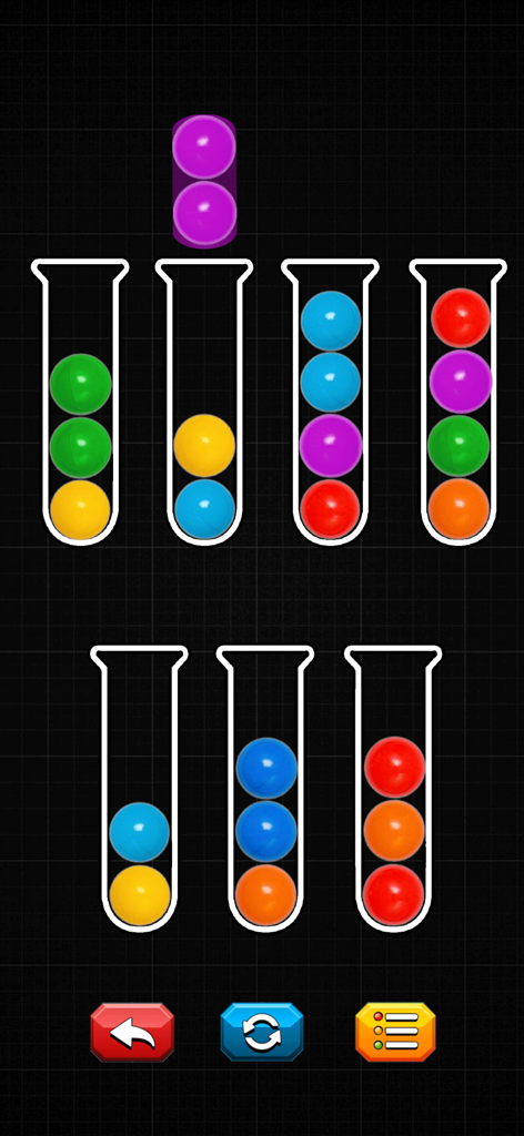 Color Ball Sorting-Puzzle Sort - A mobile game interface showing colorful balls being sorted into glass test tubes against a dark grid background.