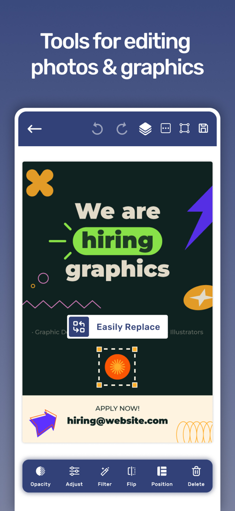 Mobile app interface showing tools for editing photos and graphics to create professional posters.