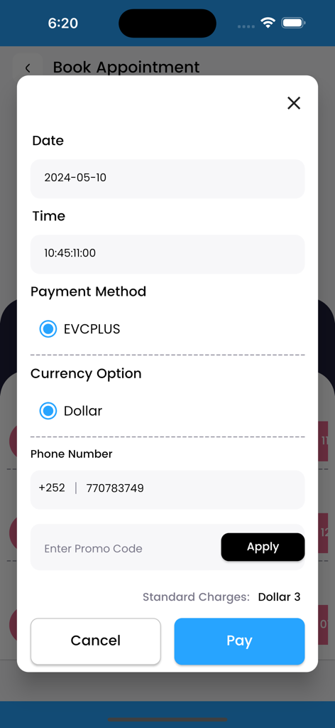 Baano - Baano app appointment booking screen showing date time and payment options using EVCPLUS