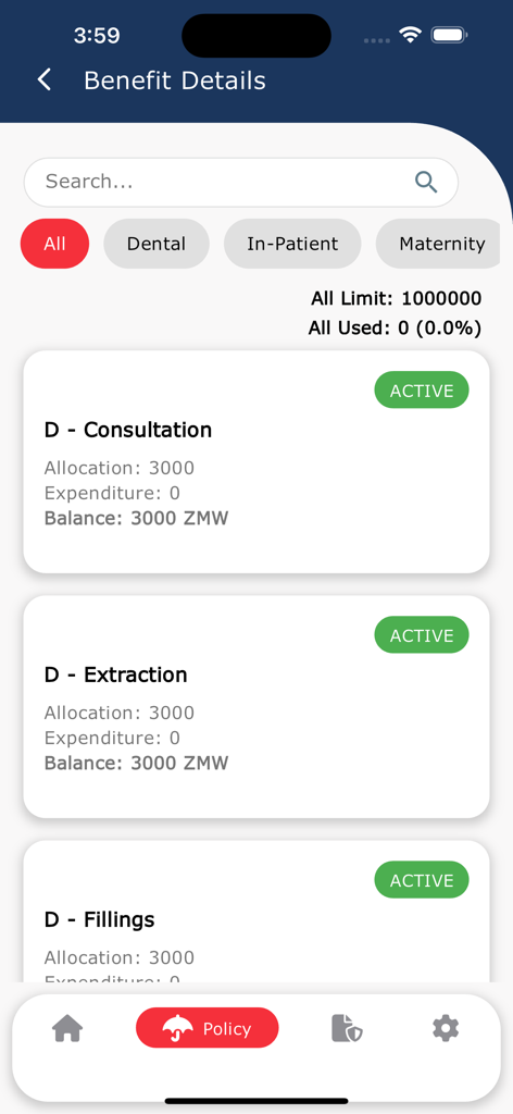 Prudential Insurance Zambia - Tela do aplicativo móvel mostrando detalhes de benefícios do Prudential Insurance Zambia para consultas e tratamentos odontológicos