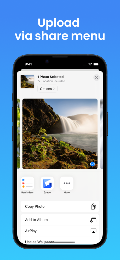 Interfaz que muestra la opción de subir una foto seleccionada a Gyazo a través del menú compartir de iOS.