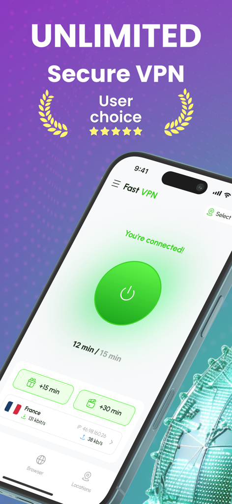 Fast VPN app showing a secure one tap connection to a server in France