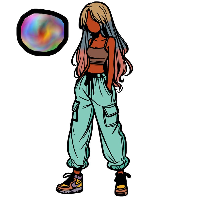 girl in baggy pants crop top and long hair